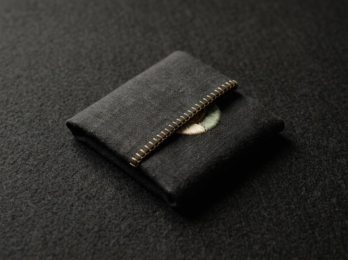 A folded square of dark linen sealed along its edge with small gold stitches