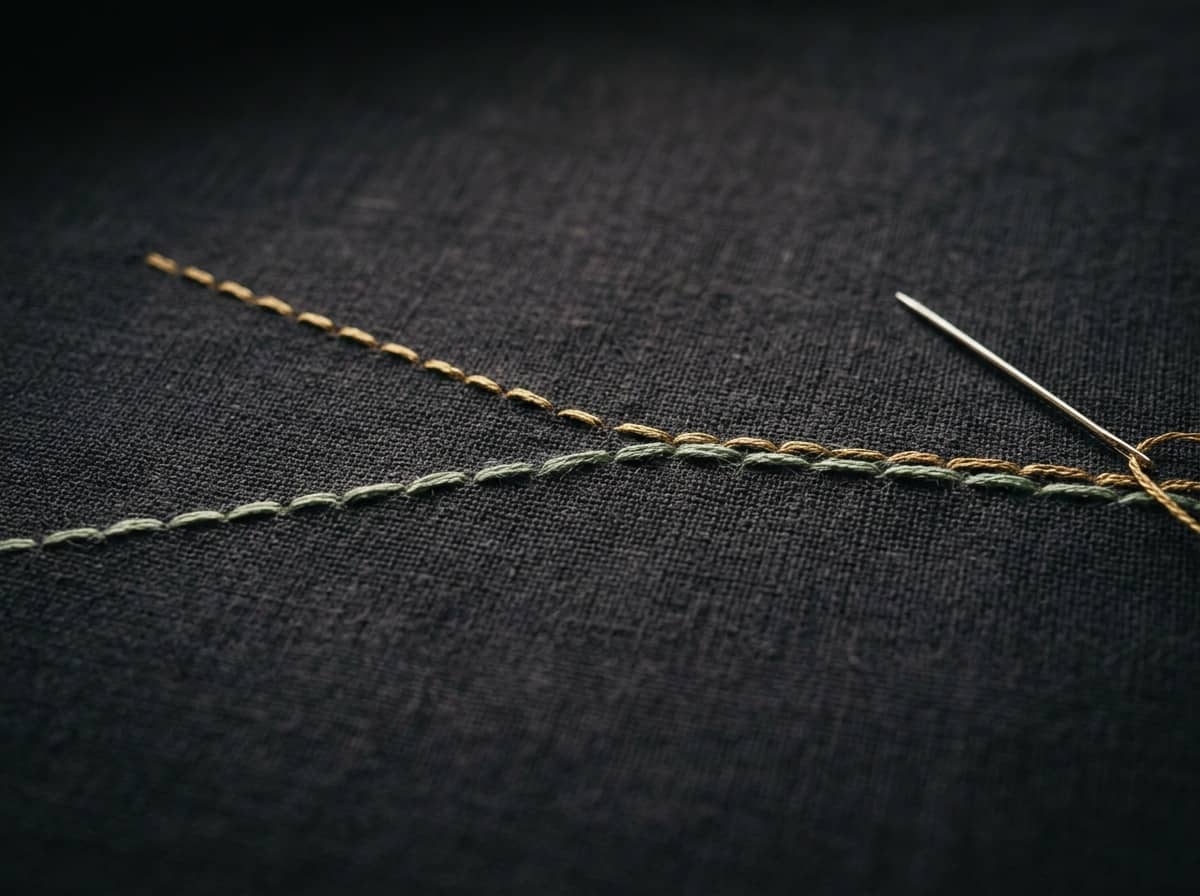 Two lines of gold and sage running stitch on dark cloth, drawing closer together.