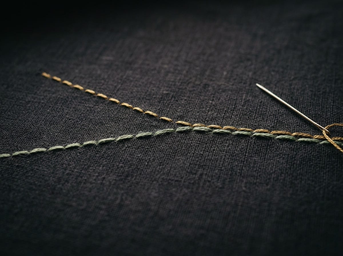 Two lines of gold and sage running stitch on dark cloth, drawing closer together.