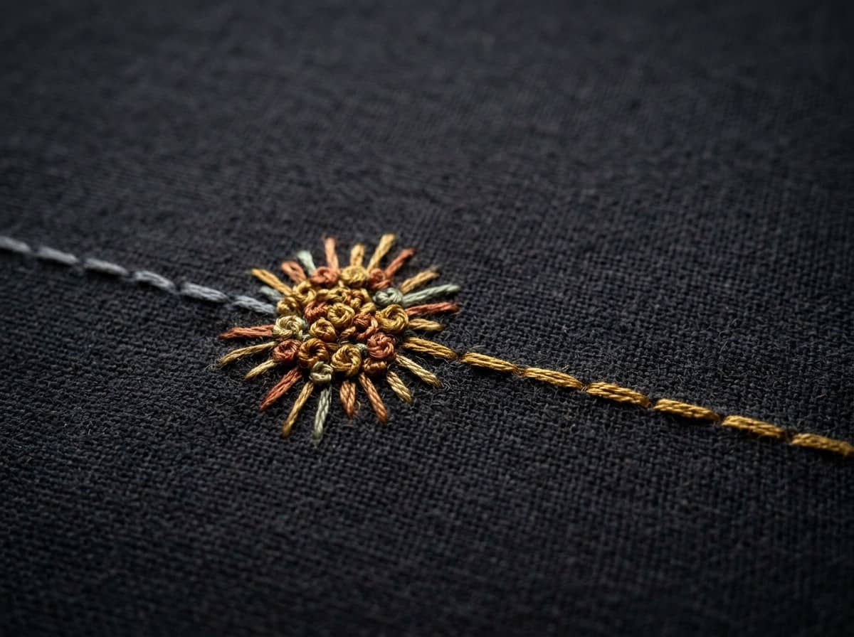 A dull grey stitch on dark cloth that bursts into gold and terracotta French knots.