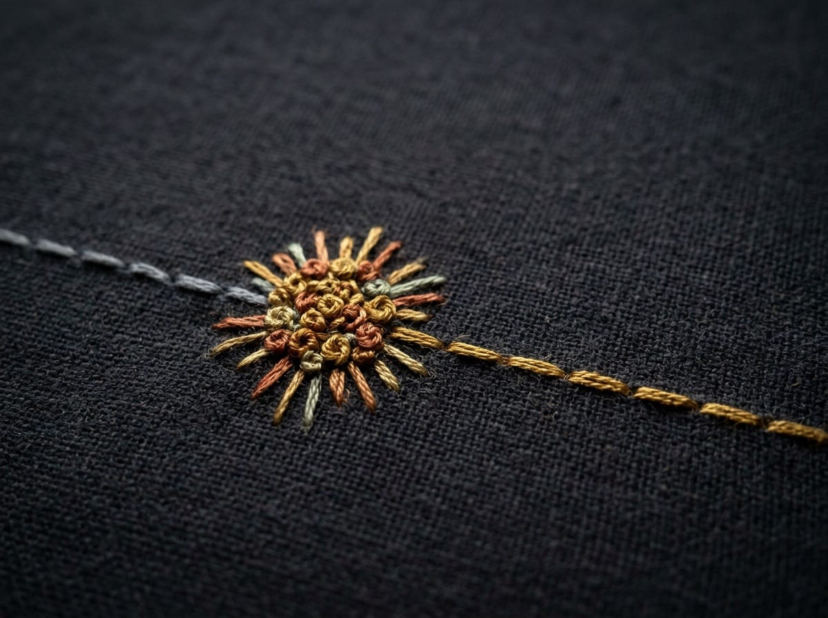 A dull grey stitch on dark cloth that bursts into gold and terracotta French knots.