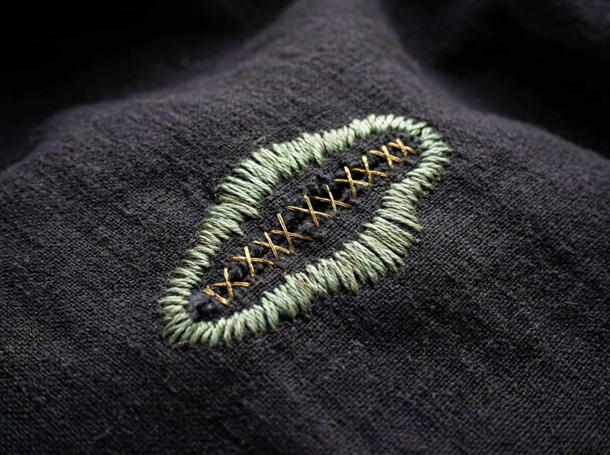 A tear in dark cloth, mended with gold cross-stitch and sage satin stitch.
