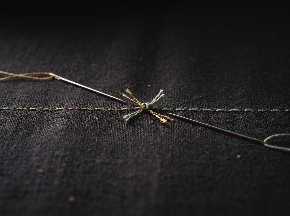 Two needles, gold and sage, whose stitched lines meet in one small knot